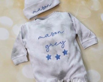 Baby Boy Gift New Baby Tie Dye Romper Personalized Gift Embroidery Newborn Baby Boy Take Home with Matching Personalized Hat