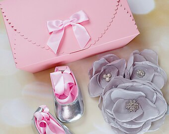 Baby Girl Gift Set Girls Shower Gift Silver Ribbon Shoes with Matching Grey Headband