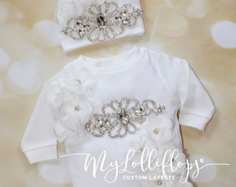 Baby Girl Coming Home Outfit newborn gift  with Rhinestones and Off white  Chiffon with  Available Matching hat or Headband