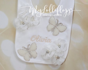 Baby Girl Personalized bib Baby Girl Gift White Cotton Bib with Butterflies or Hearts with off white Chiffon Flowers