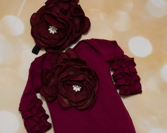 Baby Girl Burgundy Romper Holiday Ruffle Wine Infant Layette Cotton Baby Romper with Large Chiffon On The Chest and Matching Headband