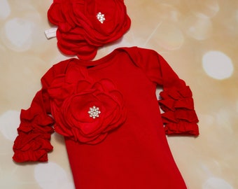Baby Girl Red Romper Holiday Ruffle Red Infant Layette Cotton Baby Romper with Large Flower On The Chest and Matching Headband