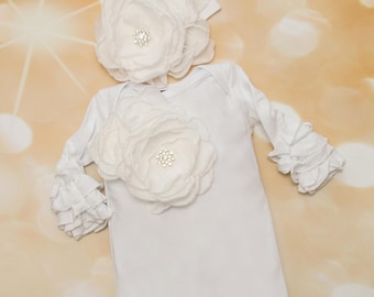 Baby Girl Ruffle White Infant Layette Cotton Baby Romper with Large Chiffon On The Chest and Matching Headband
