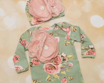 Floral Infant Layette Cotton Baby Romper with Large Flower On The Chest and Matching Hat