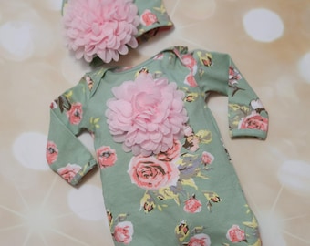 Floral Infant Layette Cotton Baby Romper with Cluster Chiffon On The Chest and Matching Hat