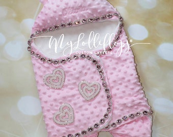 Baby Girl Personalized Gift Pink Baby Blanket Newborn Swaddle  Stroller Blanket with Personalized Hood and Pink Rhinestones and Hearts