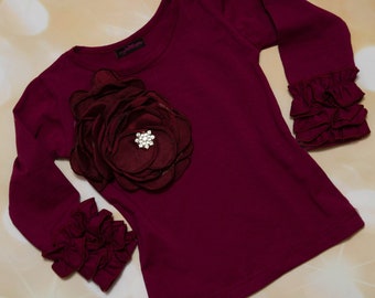 Girls Wine Ruffle Top Burgundy Ruffle Long Sleeve Cotton Tee Shirt with Large Burgundy Flower