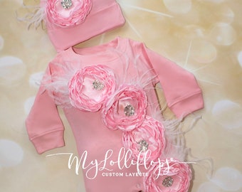 Baby Girl Pink Romper Baby Girl Romper Set Infant One Piece Set with Feather  Flowers and available matching Hat or Headband