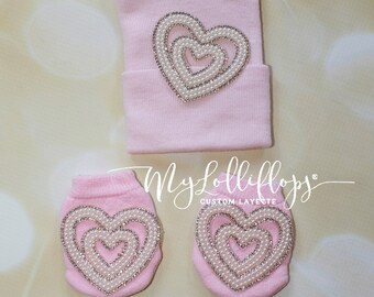 Baby Girl Hospital Hat Pink Hat with Rhinestone and Pearl Heart Set Newborn Hospital Matching Hat and Mittens Set  Baby Girl Hospital Set