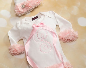 Personalized Baby Girl Gown & Hat Set, Pink Chiffon Layette