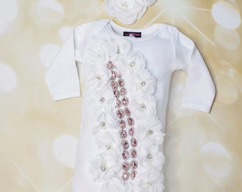 Baby Girl Gift White Gown Infant Layette Cotton Baby Gown  with Rhinestones and Chiffon Flowers with  Matching Headband