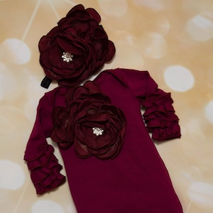 Baby Girl Burgundy Romper Holiday Ruffle Wine Infant Layette Cotton Baby Romper with Large Chiffon On The Chest and Matching Headband