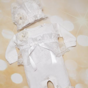 Baby Girl Lace White Romper Infant  Baby Layette White Cotton Baby Romper  with Off White Chiffon and Lace