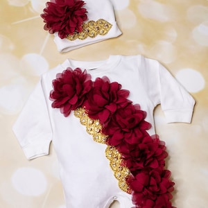 Baby Girl Holiday Infant Baby Layette White Cotton Baby Romper with Burgundy Chiffon Flowers and Gold Rhinestones with Matching Hat