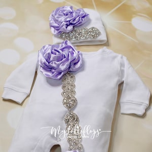 Baby Girl  White Romper Infant  Baby Layette  Cotton Baby Romper  with Rhinestones  and Available Hat  to Match