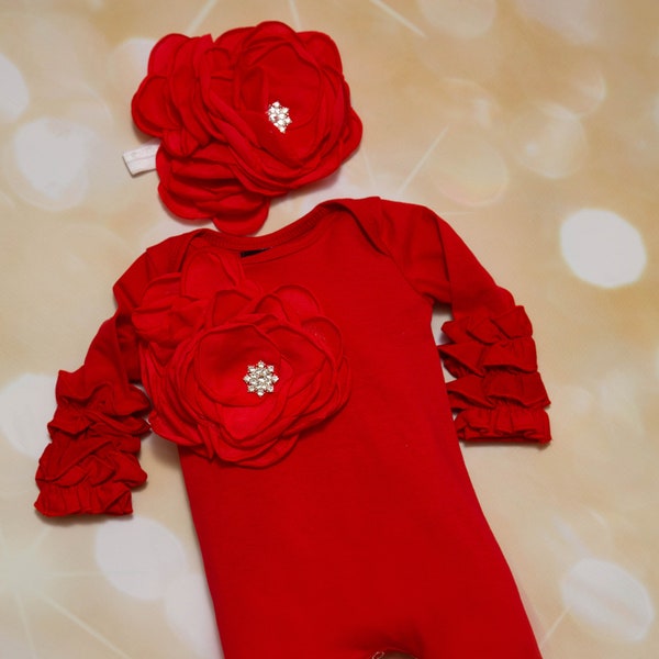 Red Ruffle Baby Romper with Flower & Headband