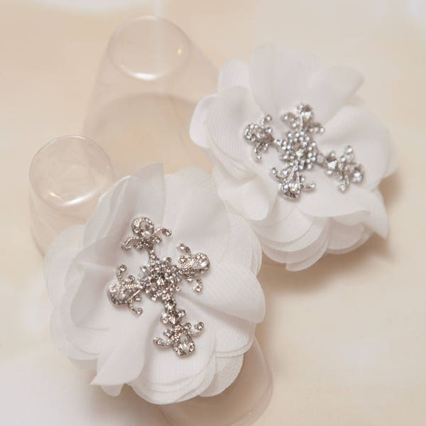 Chiffon Rhinestone Cross Infant Sandals Baby Girl Rhinestone Barefoot Sandals with Cross