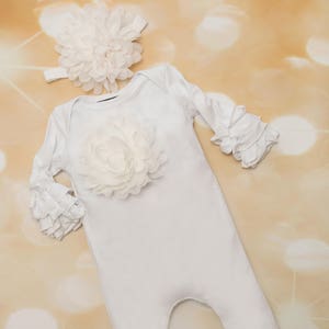 Baby Girl Ruffle White Infant Layette Cotton Baby Romper with Large Chiffon On The Chest and Matching Headband image 2