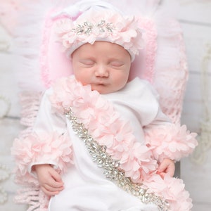 Baby Girl White Romper Infant Layette Cotton Baby Romper with Rhinestones and Fluffy Chiffon with  available Matching  Beanie Hat