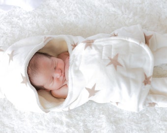 Baby Boy Oatmeal Infant Minky Swaddle with Stars Hood Swaddle Soft Receiving Minky Swaddle