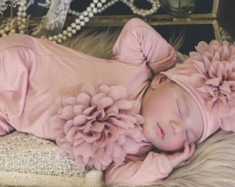 Baby Girl Gift Rose Romper Gift Mauve Take home outfit Infant Layette Cotton Baby Romper with Large Chiffon On The Chest and Matching Hat