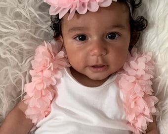 White Baby Girl Romper Short and Sleeveless Infant One Piece  Romper with Fluffy Chiffon and matching headband