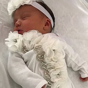 Baby Girl Take Home Outfit Infant Baby Layette White Cotton Baby Gown with Off White Chiffon Flowers and Rhinestones