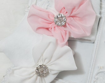 Newborn Hospital Hat, White Chiffon Flower Bow, Baby Girl