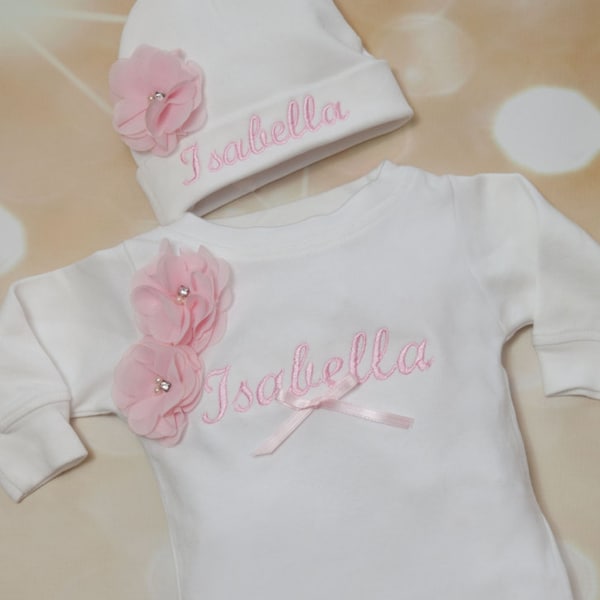 Baby Girl Gift New Baby Gift Personalized White  Romper Set Embroidered Infant One Piece Set with Pink Chiffon Flowers and Matching Hat