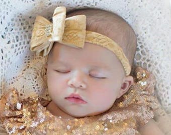 Beautiful Double Bow Infant Toddler Lace Bow Headband with Rhinestone Center