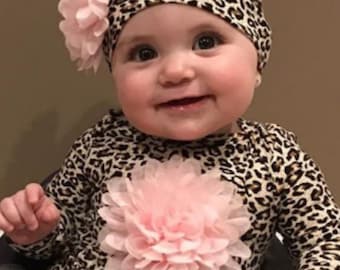 Infant Leopard Layette Cotton Baby Romper with Chiffon On The Chest and Matching Hat