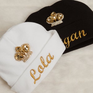 Infant Baby Girl Beanie Hat White and Gold Embroidery Baby Girl Hat Black and Gold with Rhinestone Crown