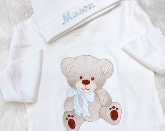 Baby Boy Romper Personalized White  Romper Set with Large Bear  Embroidery Infant Romper Set with available  Matching Hat