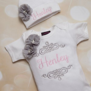 Personalized  Baby Girl One Piece Set White Embroidered Infant Short Sleeve Set with Beautiful Frame and Matching Hat