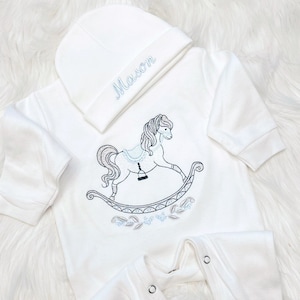 Baby Boy Gift Baby Boy shower Gift New Baby Gift Set with Large Rocking Horse  Embroidery Infant Romper Set with available  Matching Hat