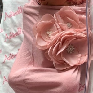 Newborn Baby Girl Gift Rose Baby Sack Shower Gift Mauve Infant Layette Cotton Baby Sack with Large Flower On The Chest and Matching Hat image 4