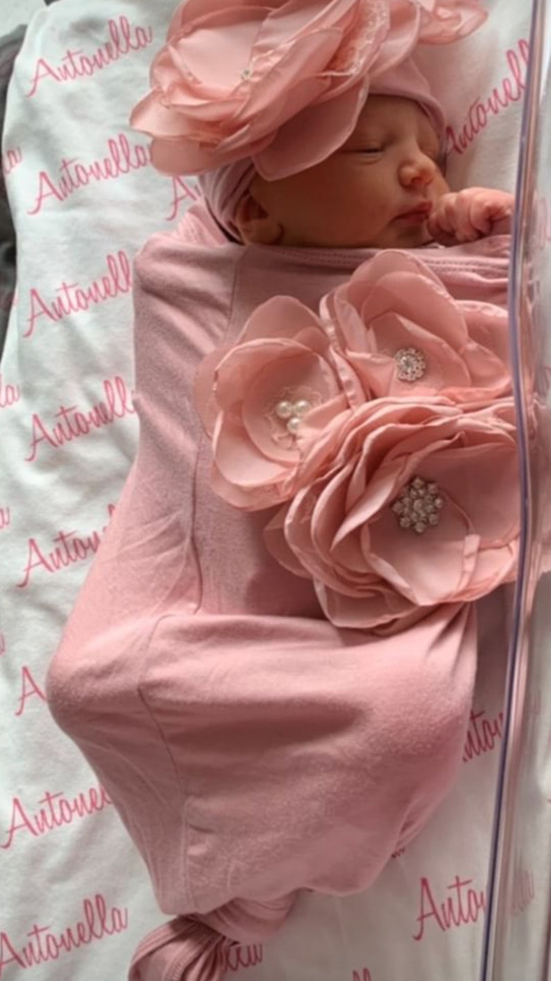 Newborn Baby Girl Gift Rose Baby Sack Shower Gift Mauve Infant Layette Cotton Baby Sack with Large Flower On The Chest and Matching Hat image 4