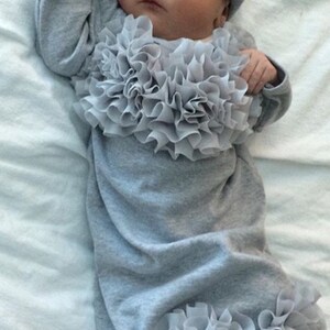 Infant Baby Layette Grey Cotton Baby Gown with Grey Chiffon Flowers and Rhinestones image 3