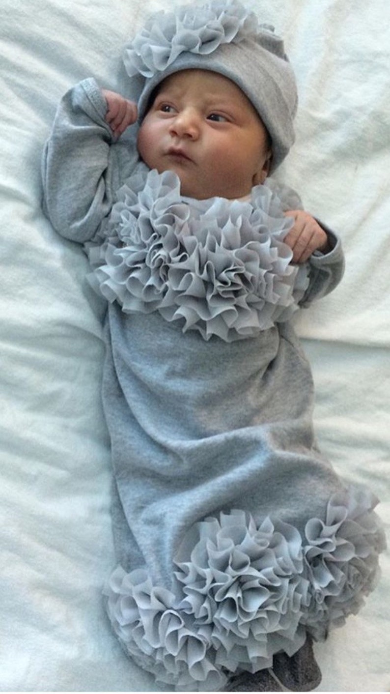 Infant Baby Layette Grey Cotton Baby Gown with Grey Chiffon Flowers and Rhinestones image 3