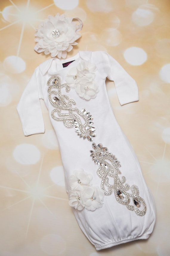 Newborn Baby Gift Baby Girl Take Home Outfit Infant Baby Layette White Cotton Baby Gown with Chiffon  and Large Rhinestone Applique