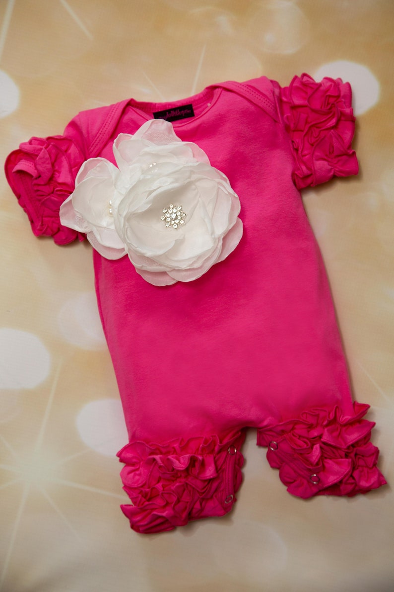 Ruffle Hot Pink Baby Girl Romper Short Sleeve Infant One Piece Romper with Large Flower