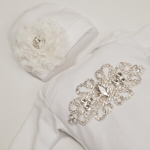 Infant Baby Layette White Cotton Baby Gown with Chiffon  and Large Rhinestone Applique