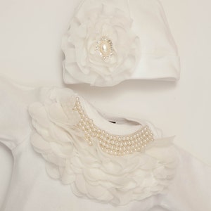 Infant Baby Layette White Infant Cotton Baby Gown with Off White Chiffon and Pearl Collar