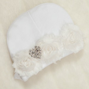 White Infant Baby Girl Beanie Hat with Chiffon and Rhinestone Heart