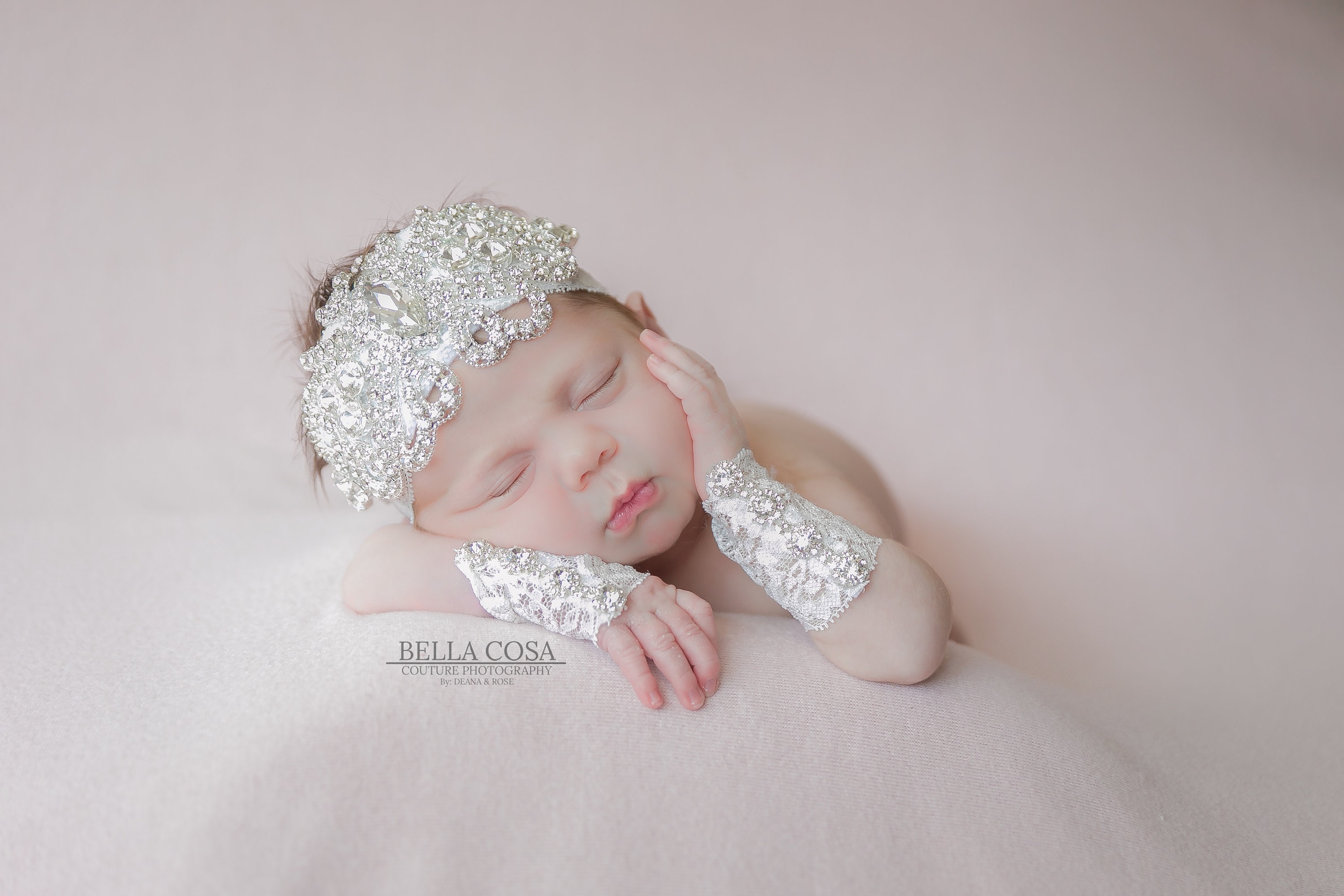 Newborn Baby Girl Lace Rhinestone Headband Infant Headband Photo Prop Lace with Rhinestone Newborn Cuffs