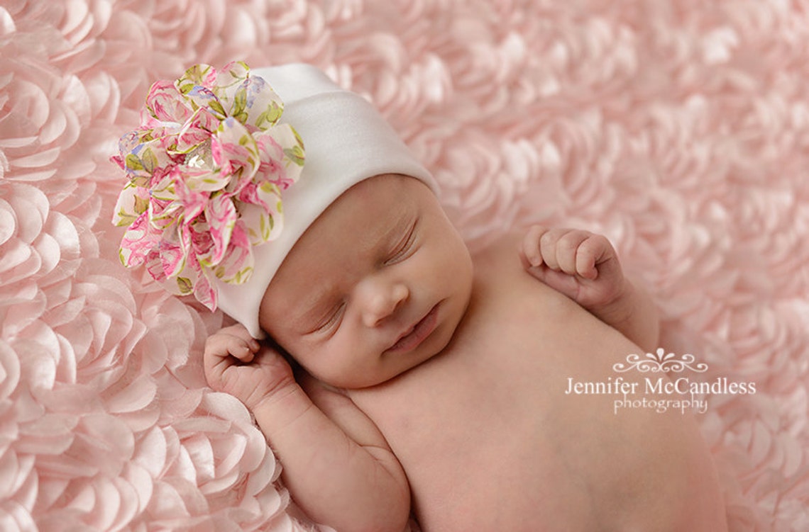White Newborn Baby Girl Beanie Hat With Chiffon Flower Etsy