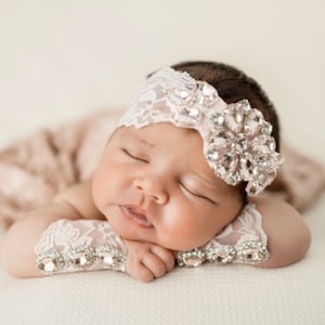 Newborn Baby Girl Pink Lace Rhinestone Headband Infant Headband Photo Prop Lace with available  Pink Rhinestone Newborn Cuffs