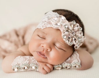 Newborn Baby Girl Pink Lace Rhinestone Headband Infant Headband Photo Prop Lace with available  Pink Rhinestone Newborn Cuffs