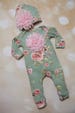 Floral Infant Layette Cotton Baby Romper with Cluster Chiffon On The Chest and Matching Hat 