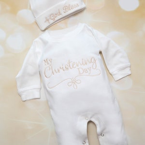 Baby Boy Christening Boy Baptism Gift New Baby Gift Boy Christening Day Set New Baby Gift Baby Boy Cotton Baby Romper and Available Hat image 2